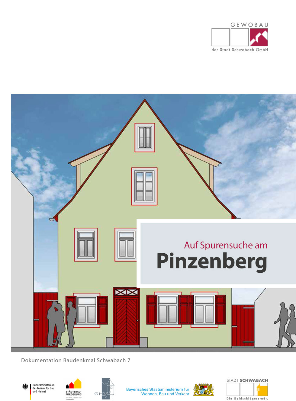 Titelbild der broschüre mit Zeichnung der Hausfassade in grün und roten Türen und Fenstern