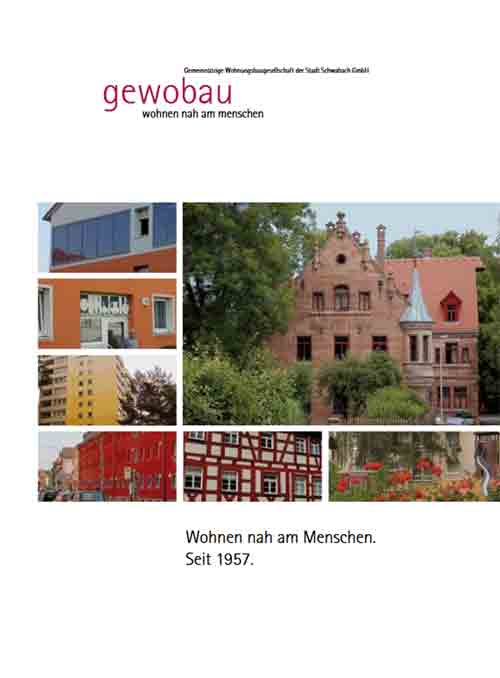 Titelbild gewobau - wohnen nah am Menschen - mit Bildern verschiedener Gebäude aus Schwabach
