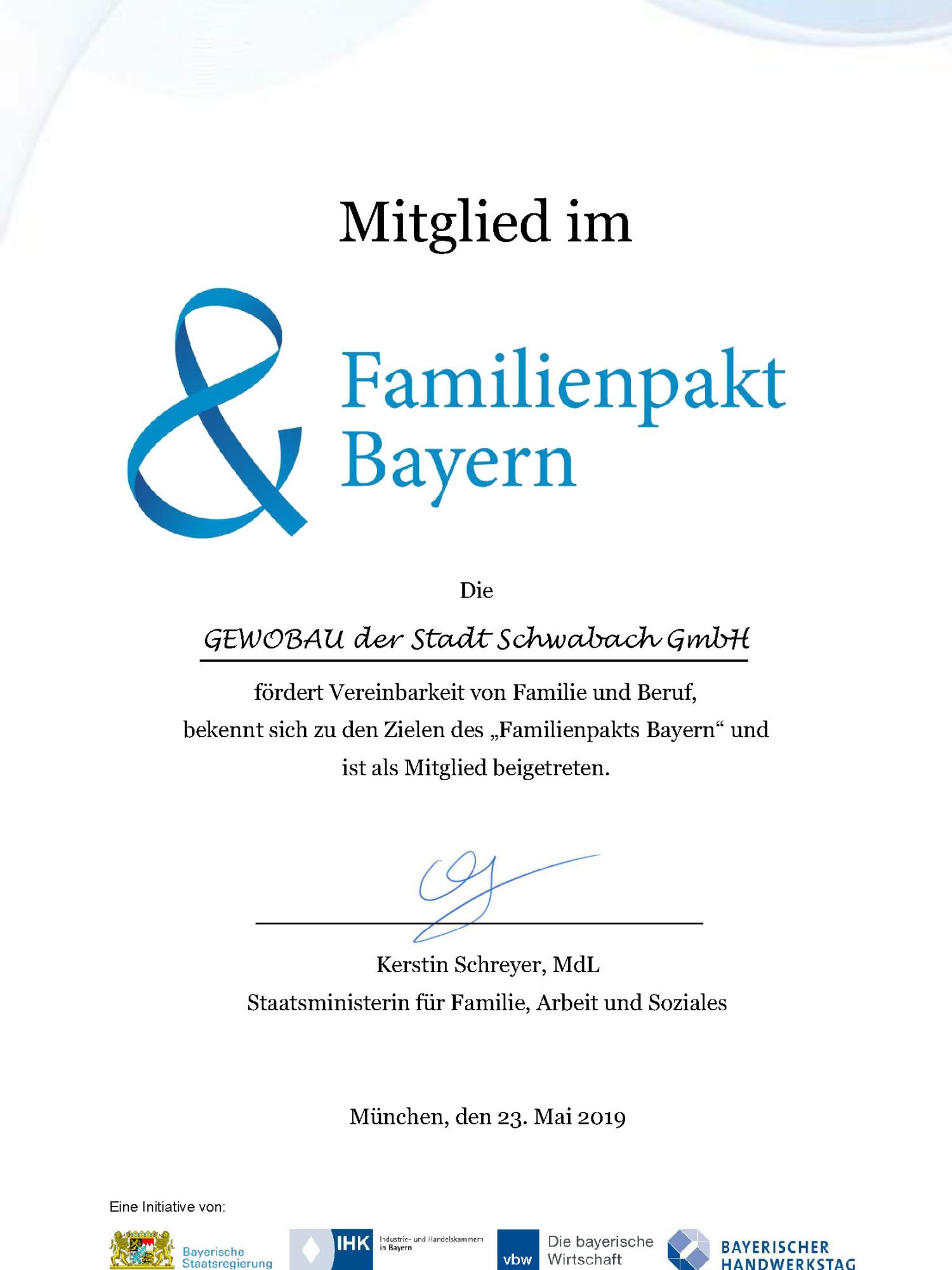 Urkunde Familienpakt Bayern