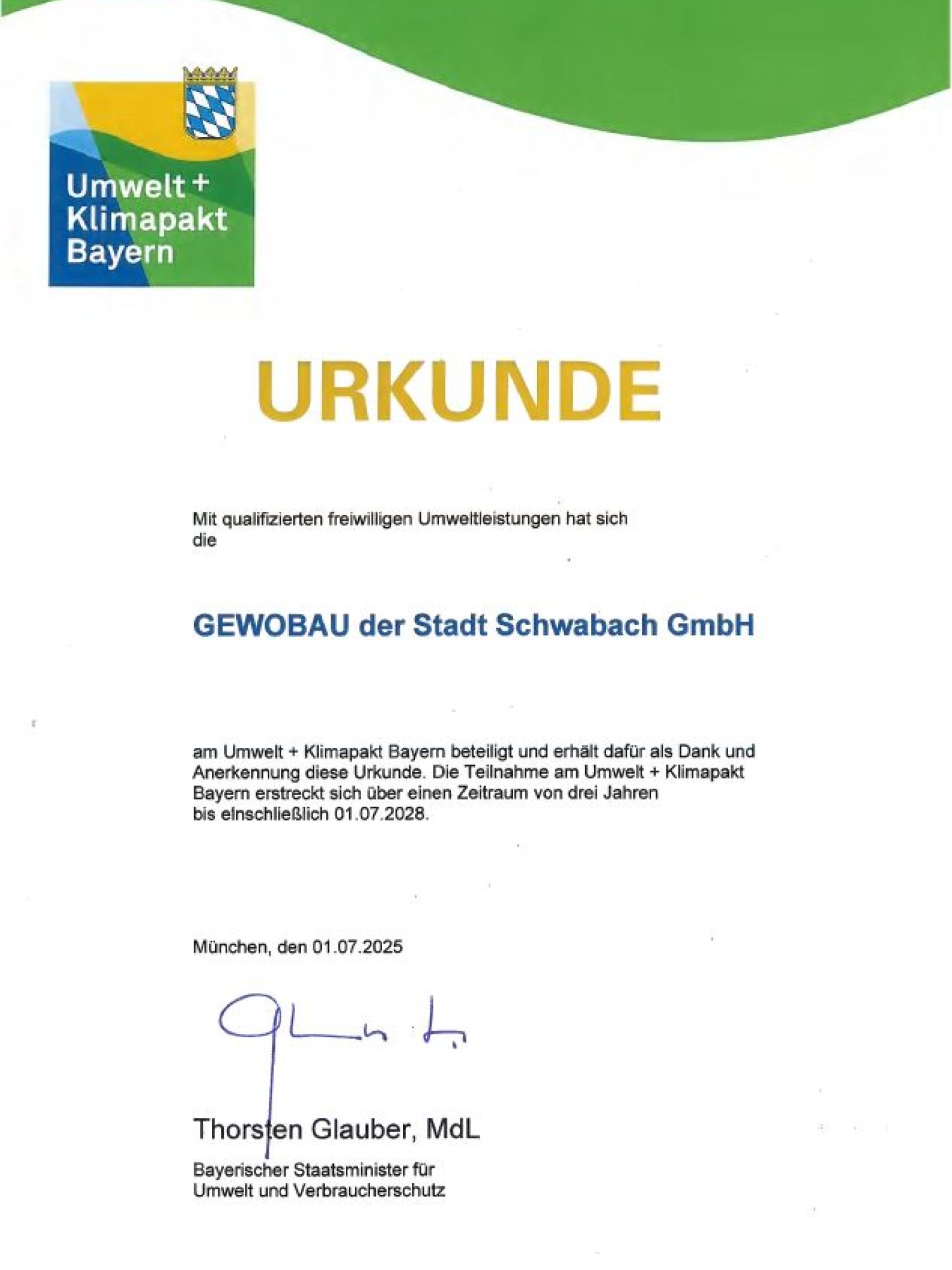 Urkunde Umwelt + Klimapakt Bayern