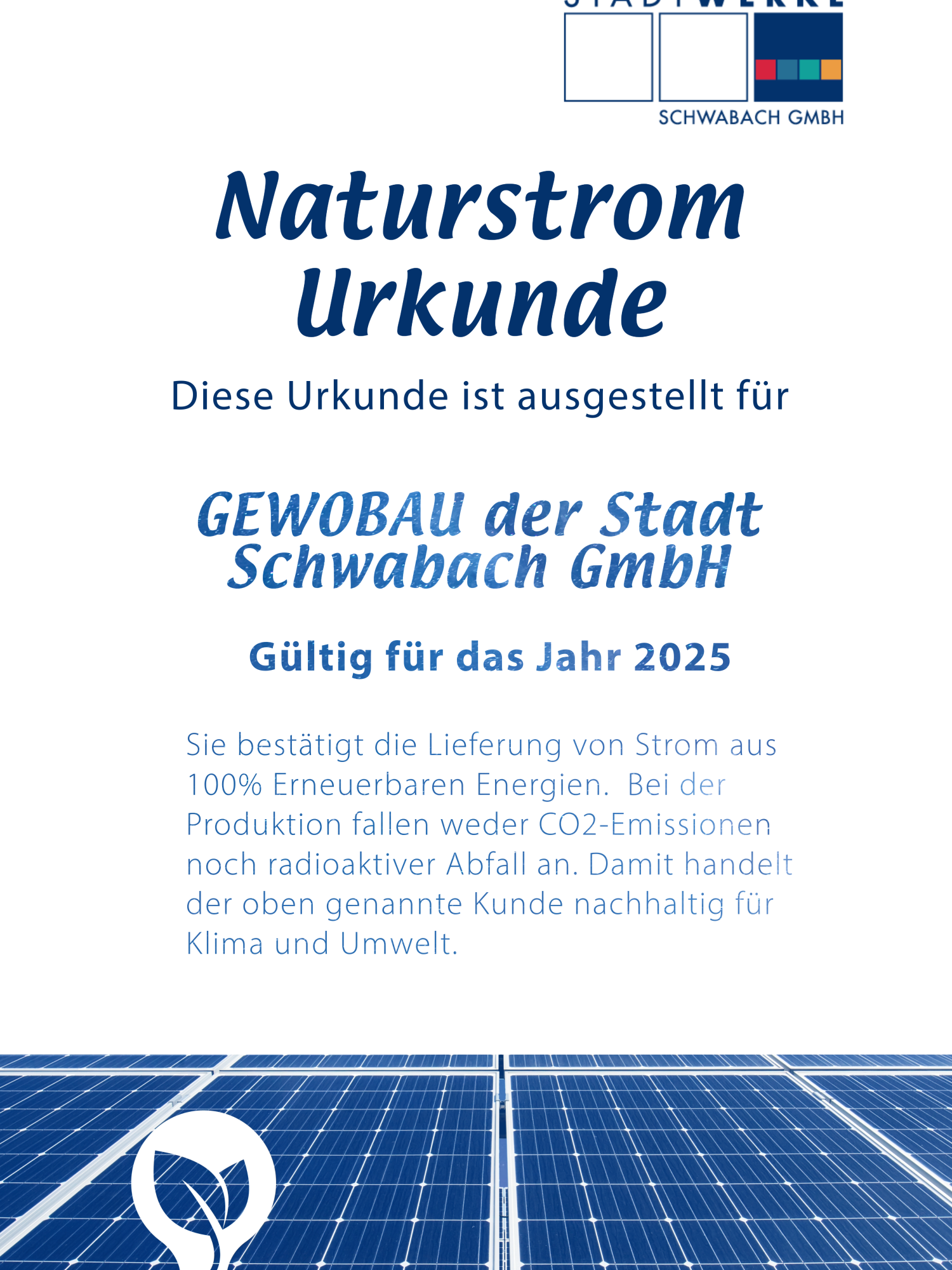 Urkunde Naturstrom der Stadtwerke Schwabach