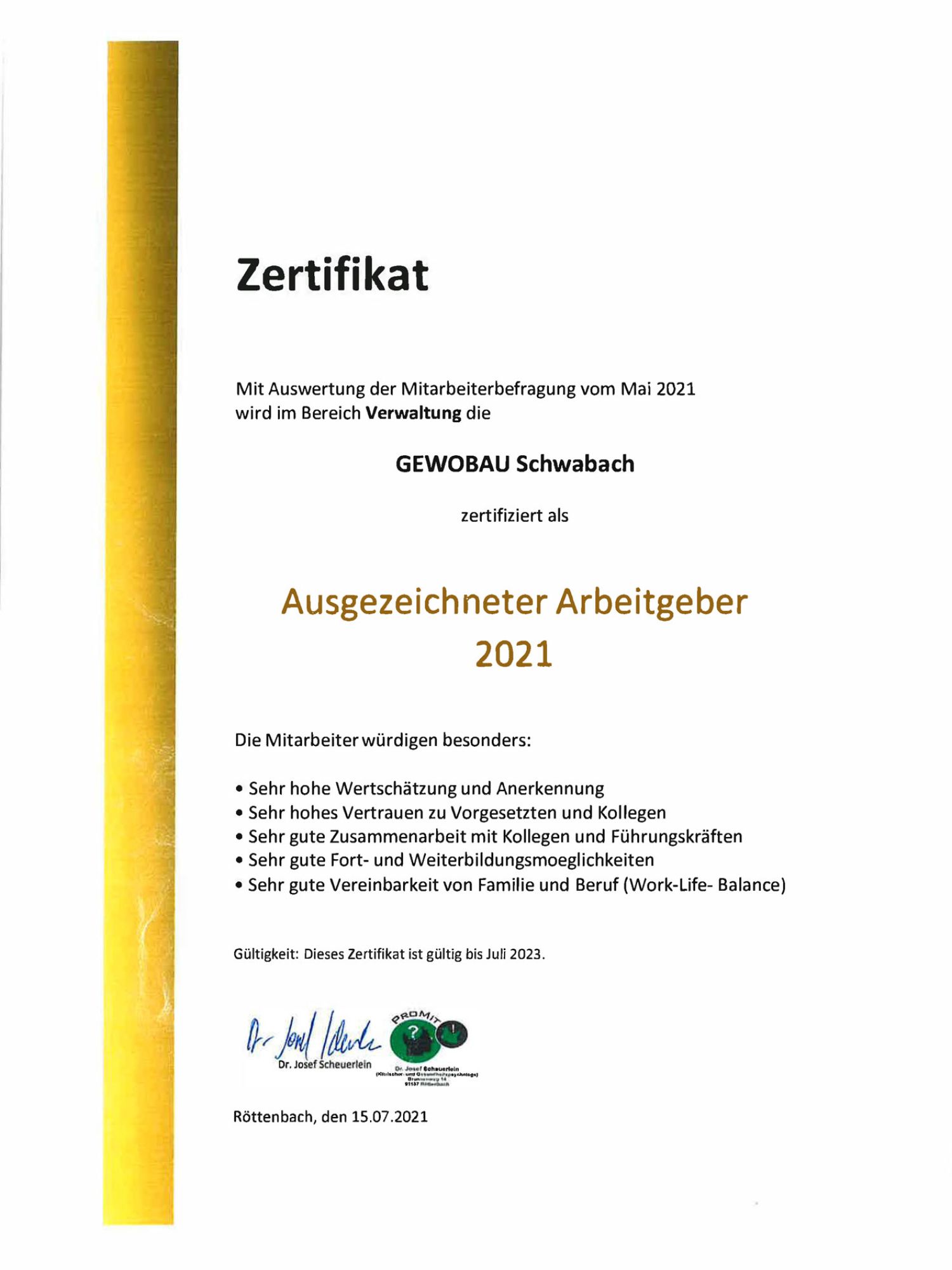 Urkunde Ausgezeichneter Arbeitgeber